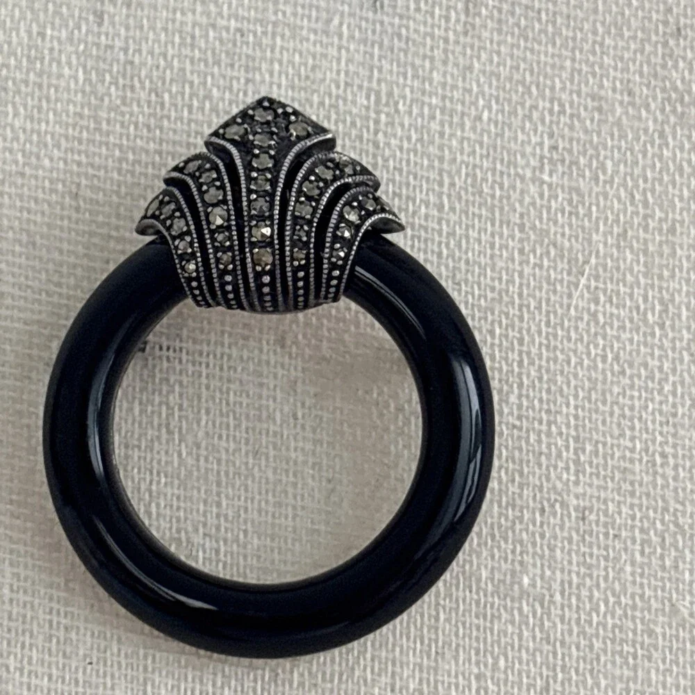 Vintage Sterling Marcasite Black Onyx Pin Brooch Doorknocker Art Deco